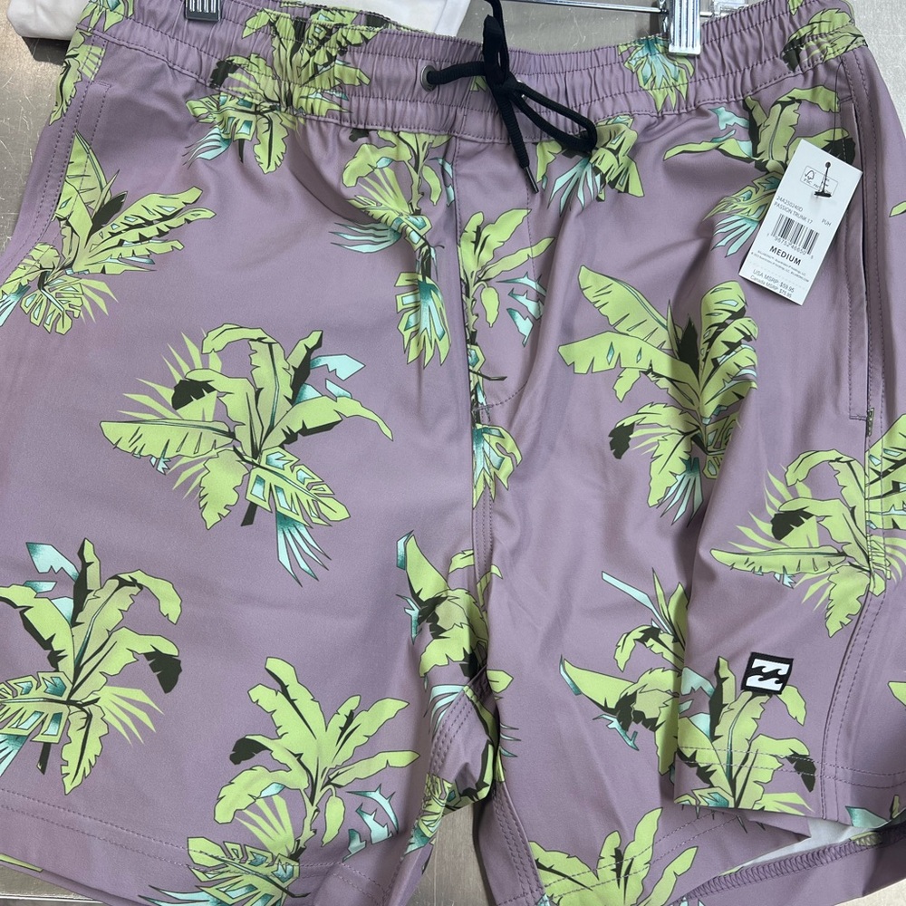 Billabong Men's Leaf Print Swim Shorts - Lavender and Lime